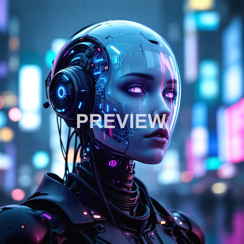 A futuristic female android with glowing purple eyes, wearing a high-tech helmet and armor, set against a cityscape illuminated by vibrant neon lights.